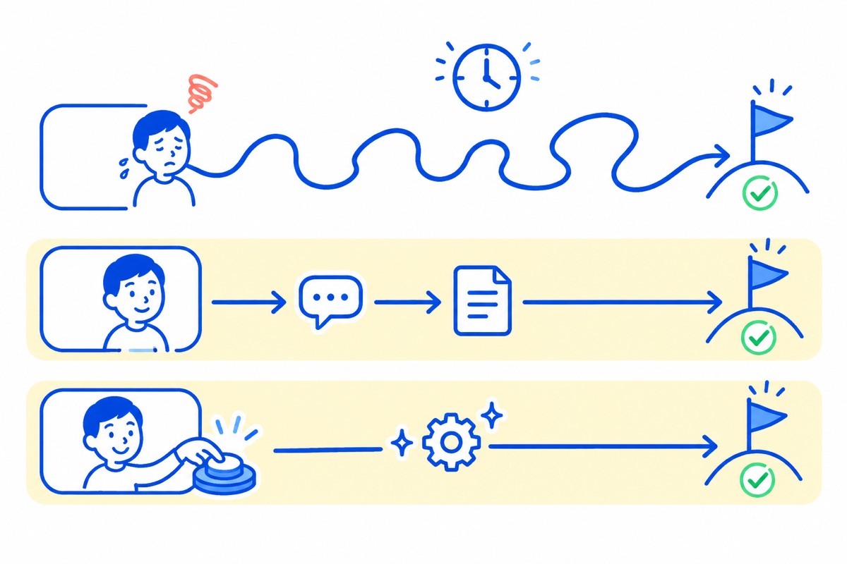 「自分で全部」「半自動」「自動化」の3つの道が並び、それぞれフォーム完成の旗にたどり着く比較マップ